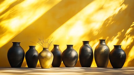 Vibrant golden light bringing black altar vases to life