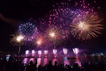 Spectacular Fireworks Display Over Water With Spectators