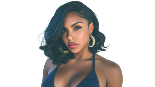 A woman with a short haircut and a gold hoop earring. She is wearing a blue bikini top and a blue bikini bottom