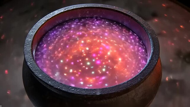 Bewitching Cauldron: A mystical potion of swirling colors and shimmering stars conjures magic and
