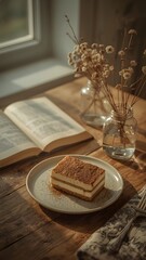 Delicious tiramisu dessert recipe on table with book and flowers still life photography
