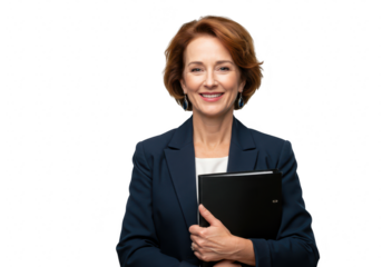 Smiling middleaged businesswoman in a blue suit holding a black folder isolated on transparent background