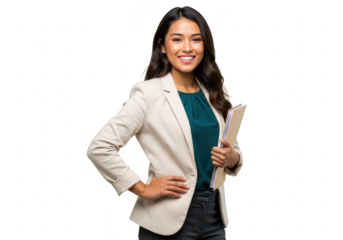 Smiling young businesswoman in a cream blazer holding a folder hands on hips isolated on white isolated on transparent background