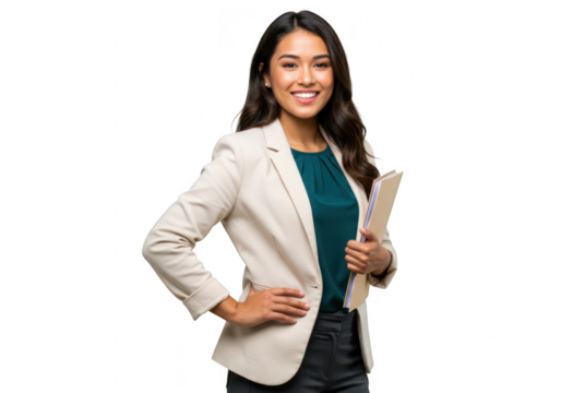 Smiling young businesswoman in a cream blazer holding a folder hands on hips isolated on white isolated on transparent background - Powered by Adobe