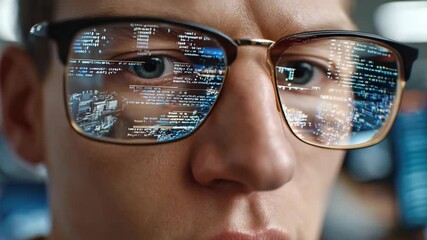 Tech Insight Glimpse: A focused individual wearing eyeglasses with advanced tech insight reflected, representing data analysis and futuristic digital technology. 