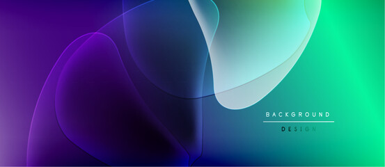 Abstract gradients blend purple, blue, green hues. Fluid shapes overlap creating dynamic visual effect. Modern design element.