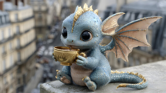 Adorable Baby Dragon with Wings Drinking from Golden Cup on Parisian Rooftop