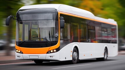 Urban Transport: A contemporary public transit bus navigating the city streets, blending functional design with an aesthetic appeal for comfortable journeys.