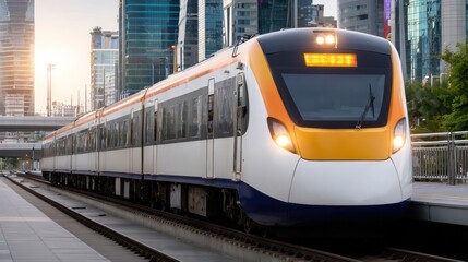 Naklejka premium Urban Express: A sleek, modern passenger train glides smoothly along the tracks in a bustling cityscape, signifying the swiftness and connectivity of urban transport.