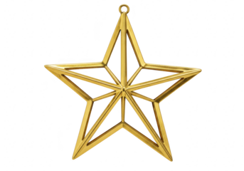 Geometric golden star ornament made of thin metallic lines isolated on transparent background