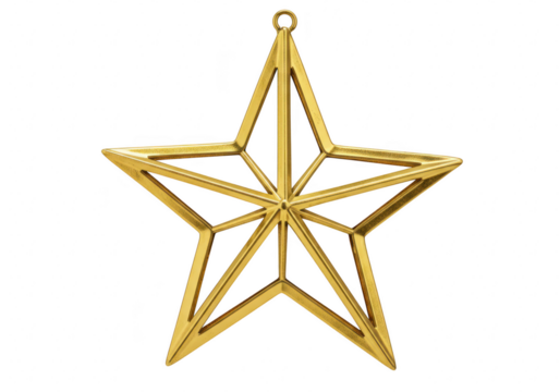 Geometric golden star ornament made of thin metallic lines isolated on transparent background