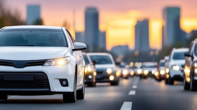 Urban Drive: A motorcade of cars traverse a multi-lane road at dusk, with blurred city skyline.