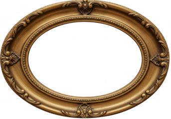 Ornate antique gold oval picture frame with intricate carvings on a transparent background