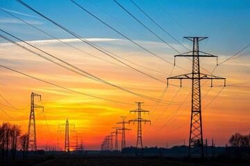 Power lines and electrical transmission towers at sunset providing energy infrastructure network view