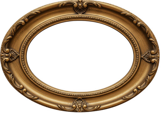 Ornate antique gold oval picture frame with intricate carvings on a transparent background