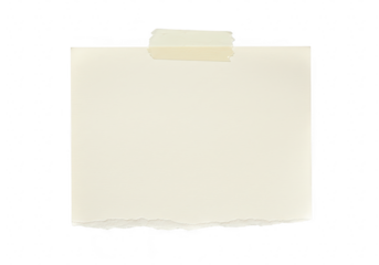 A blank offwhite square piece of paper with torn edges held by a strip of light beige tape on a transparent background