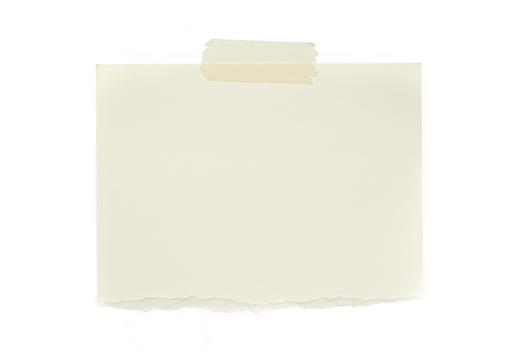A blank offwhite square piece of paper with torn edges held by a strip of light beige tape on a transparent background