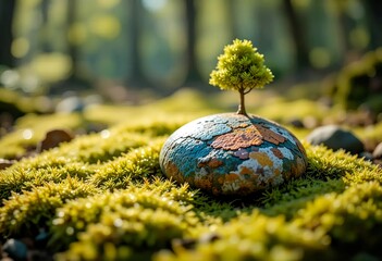  tree seedling growing from cracked painted rock in moss-covered forest