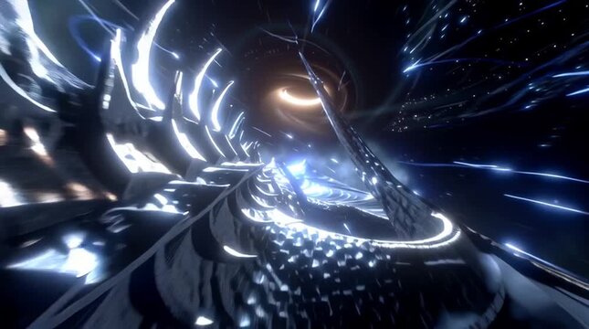 dragon-fused spaceship orbiting a glowing black hole, gravitational waves warping space around it, the dragon's metallic scales reflecting the distorted light