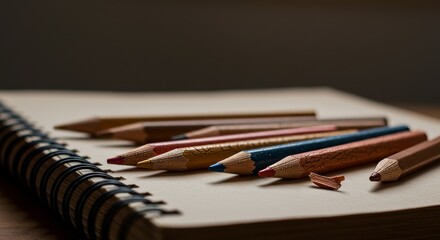 Broken and Cracked Colored Pencils on Vintage Notebook in Cozy Home Office Lighting