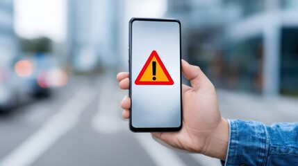 Mobile Alert: A hand holds a smartphone displaying a digital alert icon, conveying the essence of caution, warning, and digital security in the modern urban environment. 