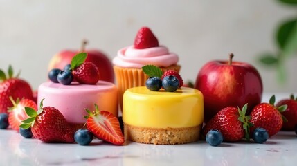 A delightful arrangement of vibrant mousse desserts, adorned with fresh berries and accompanied by ripe apples, creates a visually appealing and tempting culinary scene.