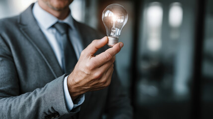 Bright idea for business growth with glowing light bulb in hand