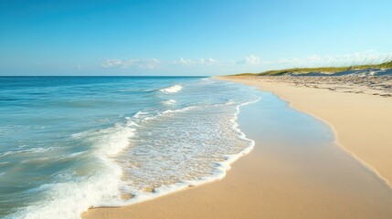 Fototapeta premium Serene beach scene featuring gentle wave washing onto the sandy shore