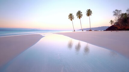 Serene Sunrise Reflection On Pristine Beach With Palm Trees