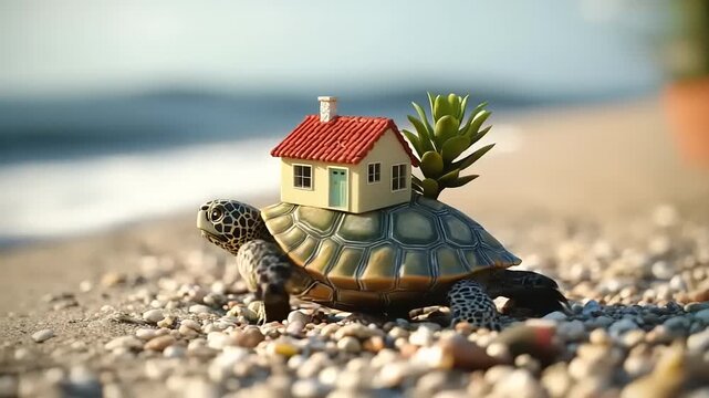 A charming turtle carrying a tiny house and succulent, walking on a pebble beach near ocean