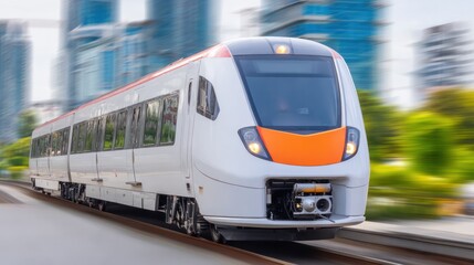 Naklejka premium Speeding Commuter Train: A high-speed commuter train streaks along tracks in a blurred motion, symbolizing modern transport, speed, and efficiency.