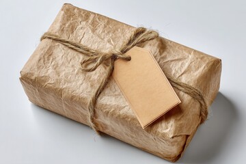 Rustic brown paper wrapped gift box tied with twine and a blank kraft paper tag for personalization