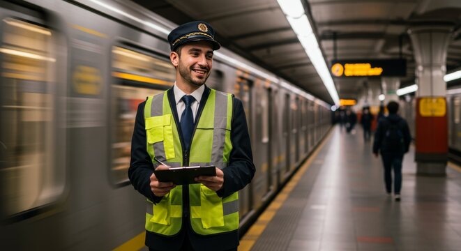 Smiling Train Conductor Checking Schedule at Busy Urban Subway Platform