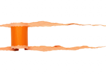 Torn orange ribbon with spool in the center isolated on a transparent background creative design element