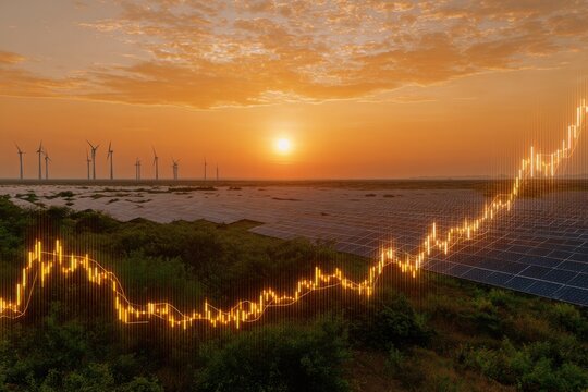 Renewable energy growth and financial success visualized with a rising stock market graph at sunset - Powered by Adobe