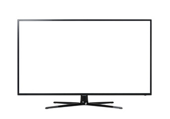 Modern flatscreen television with a blank white screen and black frame isolated on a transparent background