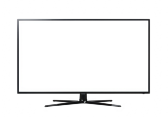 Modern flatscreen television with a blank white screen and black frame isolated on a transparent background