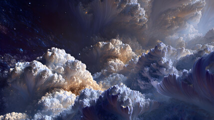 Celestial fractal cloudscape image showcasing abstract textured formations reminiscent of cosmic entities with soft light and space elements for otherworldly fantasy themes and