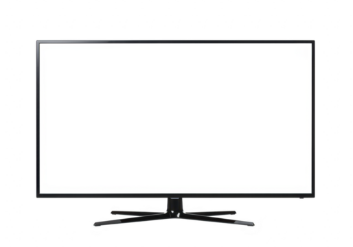 Modern flatscreen television with a blank white screen and black frame isolated on a transparent background