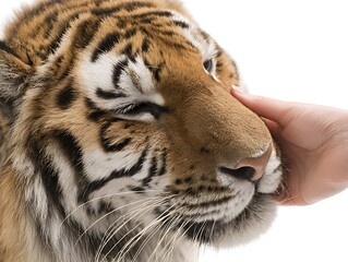 Fototapeta premium Close-up of a tiger's face being gently touched by a human hand on a white background