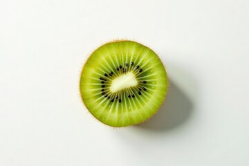 A perfectly sliced kiwi fruit, showcasing its vibrant green flesh and tiny black seeds, rests on a pristine white background, a testament to nature's simple beauty.