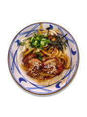 A flavorful bowl of Teriyaki Abura Udon, featuring thick, chewy udon noodles tossed in a savory abura sauce and topped with tender pieces of glazed chicken teriyaki.