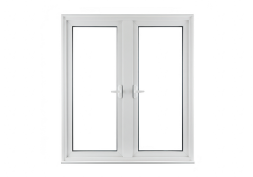 White double casement window with white frame and handles isolated on a transparent background
