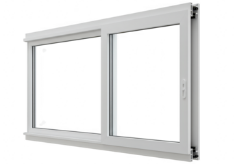 White horizontal sliding window with two panes and white frame viewed from a side angle on transparent background