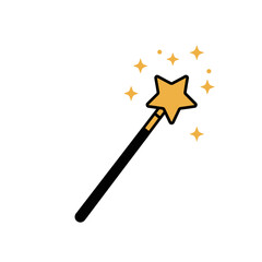 Cartoon Magic Wand with Golden Star and Sparkling Yellow Starbursts