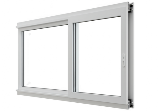 White horizontal sliding window with two panes and white frame viewed from a side angle on transparent background