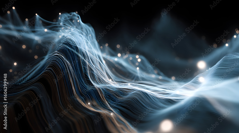 Poster abstract network connectivity visualization with glowing nodes and flowing lines representing data s