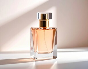 Elegant Perfume Bottle with Golden Accents and Shadow Play on Light Background