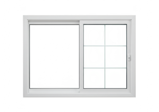 White sliding window with a divided grid pane on the right and a clear pane on the left isolated on white isolated on transparent background