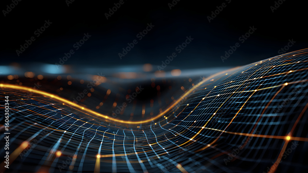 Poster futuristic abstract network data stream visualization in cyberspace with digital grid lines and glow